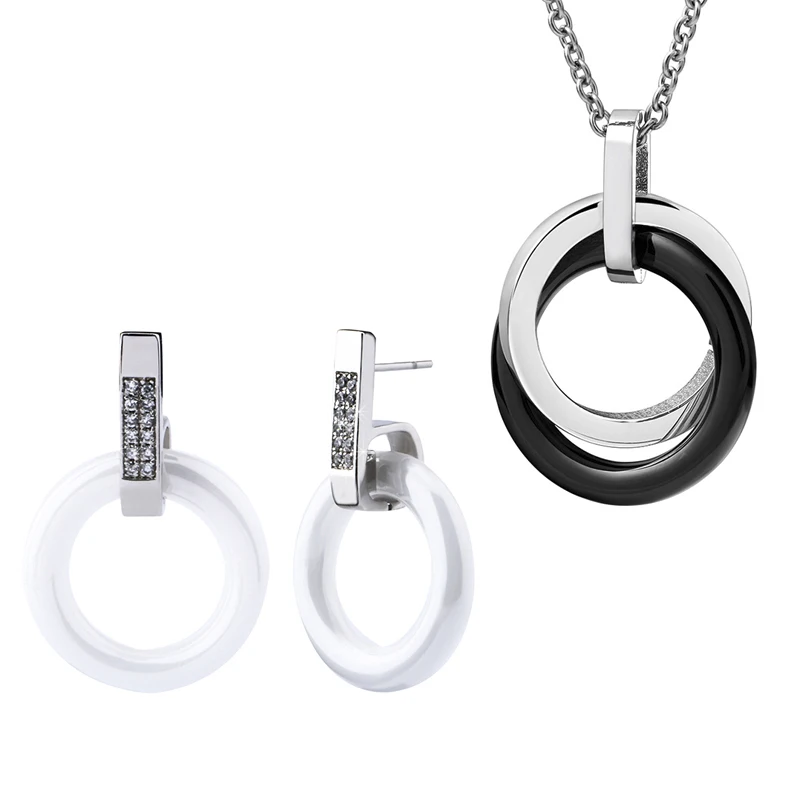 Серьги женские керамические черные белые с двойной круглой подвеской наборы