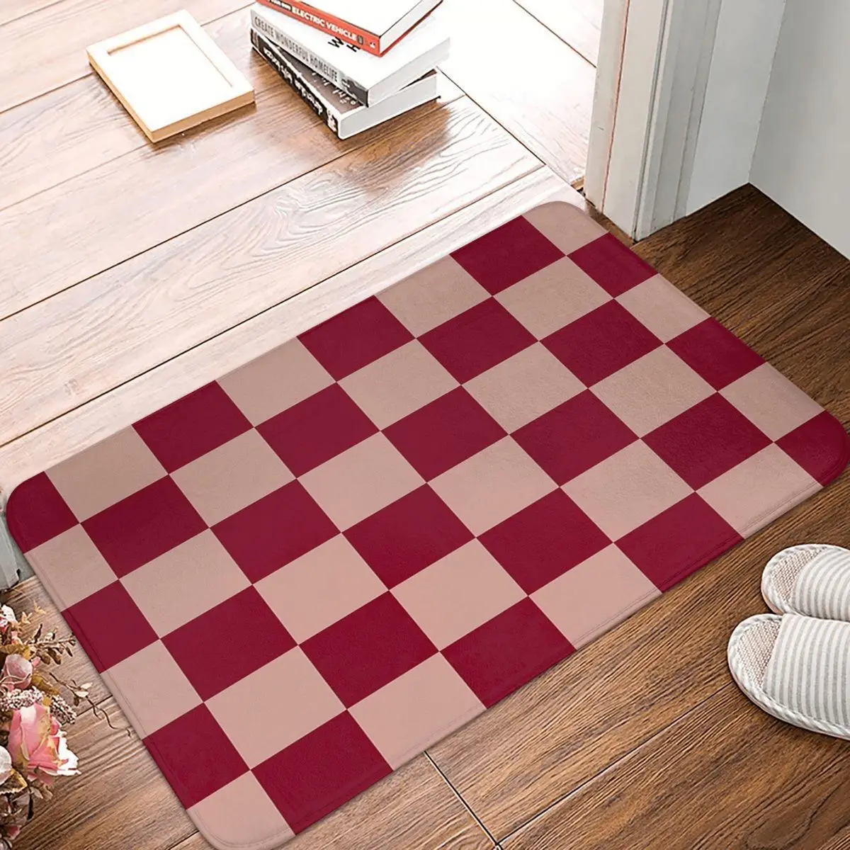 

Шахматный клетчатый красный и розовый напольный коврик, современный мягкий напольный коврик для ванной и кухни, домашний коврик, коврик, вп...