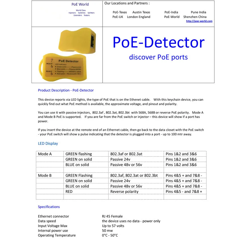 

PoE Detector PoE Quickly Identify Power Over Ethernet with RJ45 Indicates Passive /802.3af/at; 24v/48v/56v Used for PoE Injector