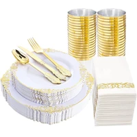 60 pcs white and gold plastic plates and gold plastic silverware cups napkins disposable tableware set wedding party supplies