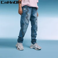 cnhnoh lightning ripped jeans new arrival loose beggar straight high street scratched trousers mens trend thin section 9718