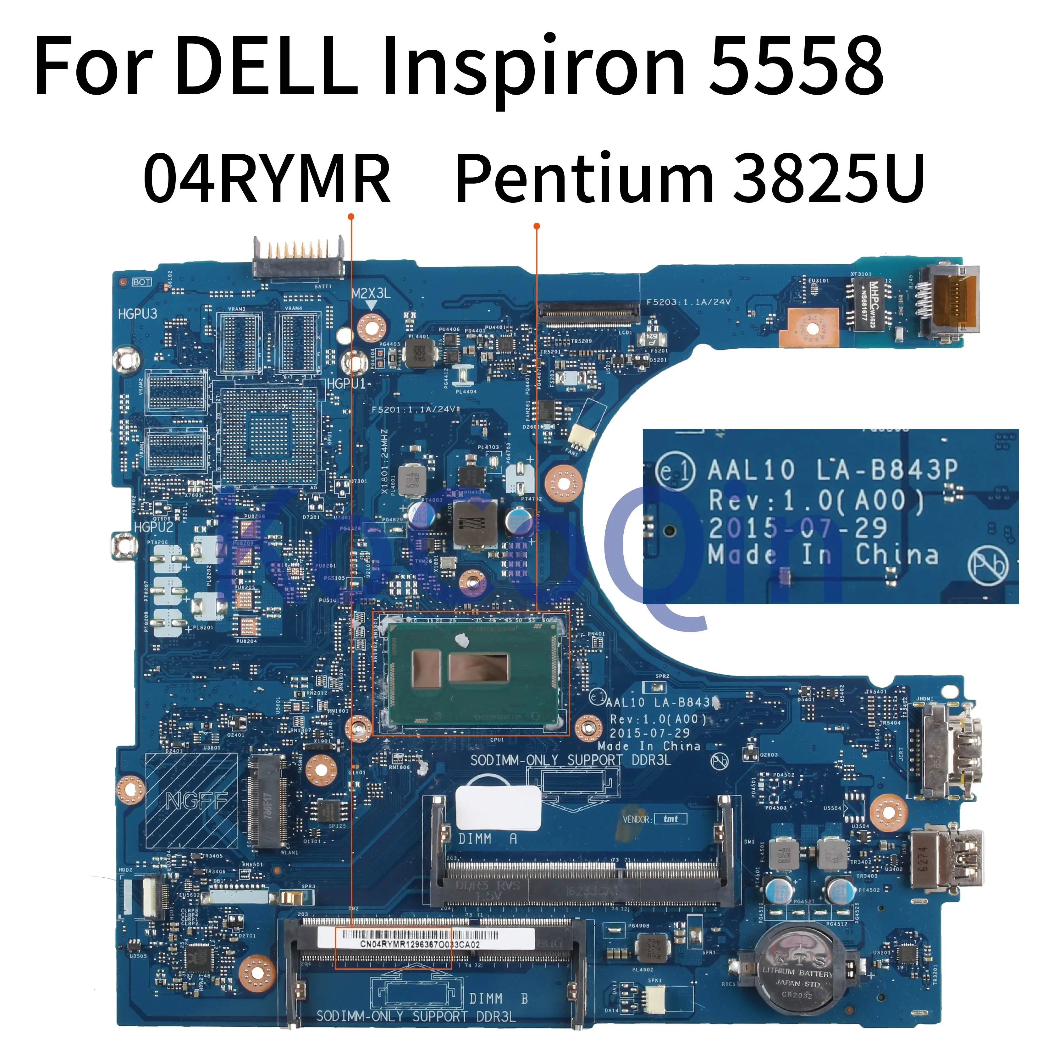 KoCoQin материнская плата для ноутбука DELL Inspiron 5458 5558 5758 Core 3825U HDMI AAL10 LA B843P CN 04RYMR SR24B
