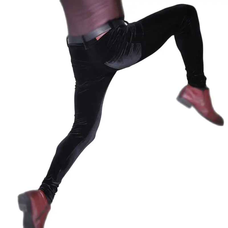 Сексуальные мужские облегающие повседневные брюки эластичные теплые бархатные