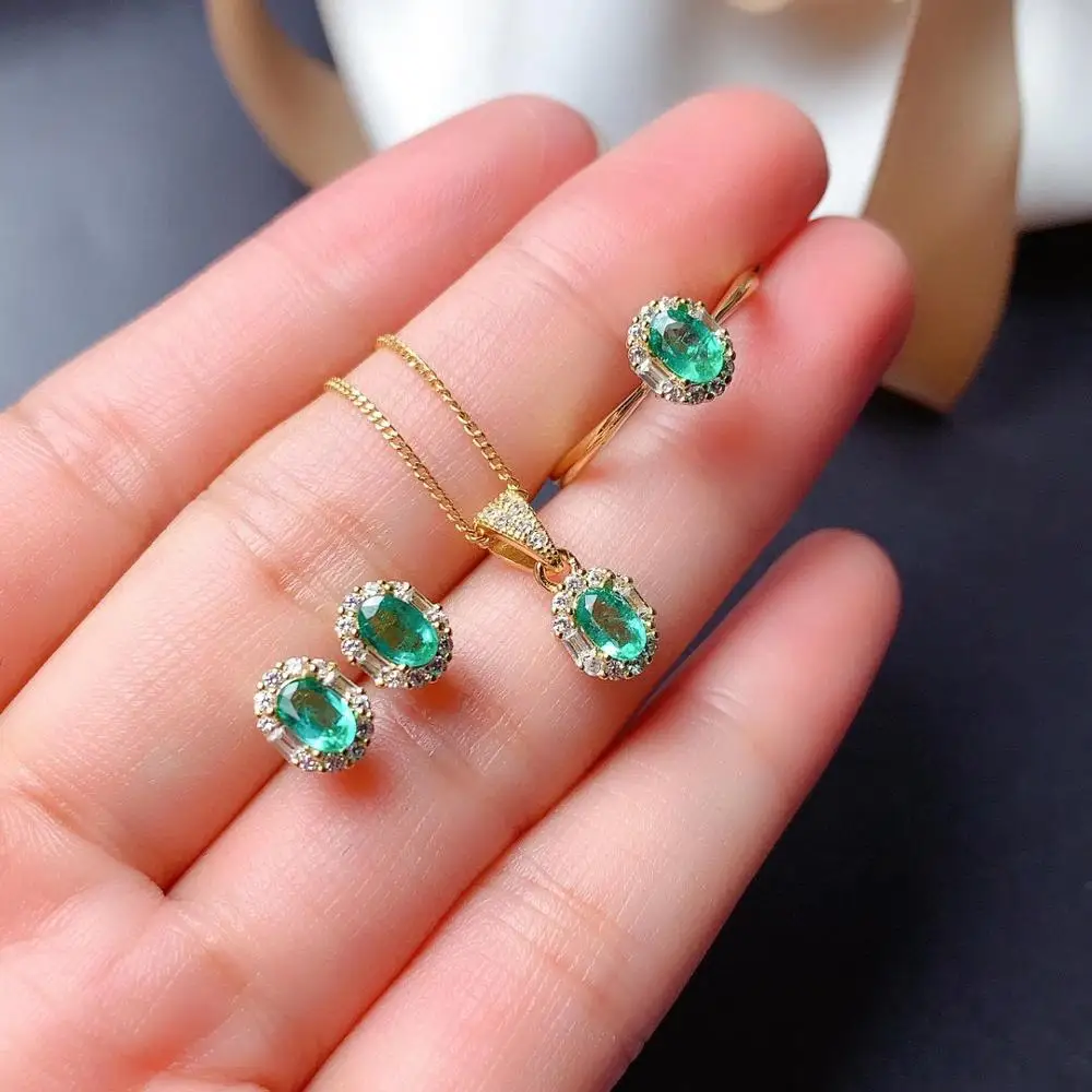 

MDINA Natural Emerald Gemstone Jewelry Set 925 Sterling Silver Necklace Earrings Ring 3-Pieces Suit Fine Jewelry for Women
