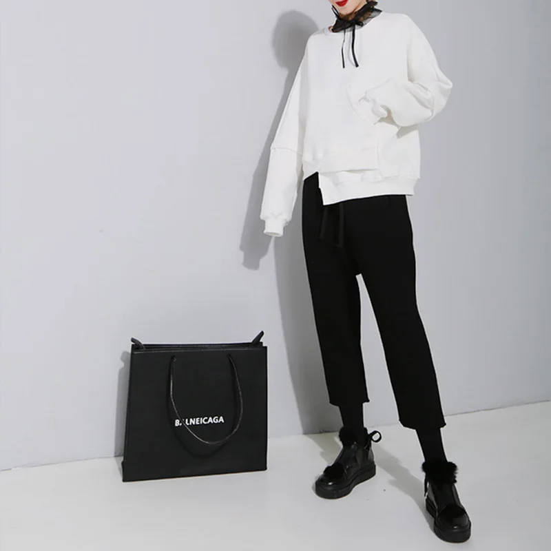 Loose Fit Irregular Pocket White Sweatshirt New Round Neck Long Sleeve Women Fashion Tide Spring Autumn 2021 New Thick Hoodie