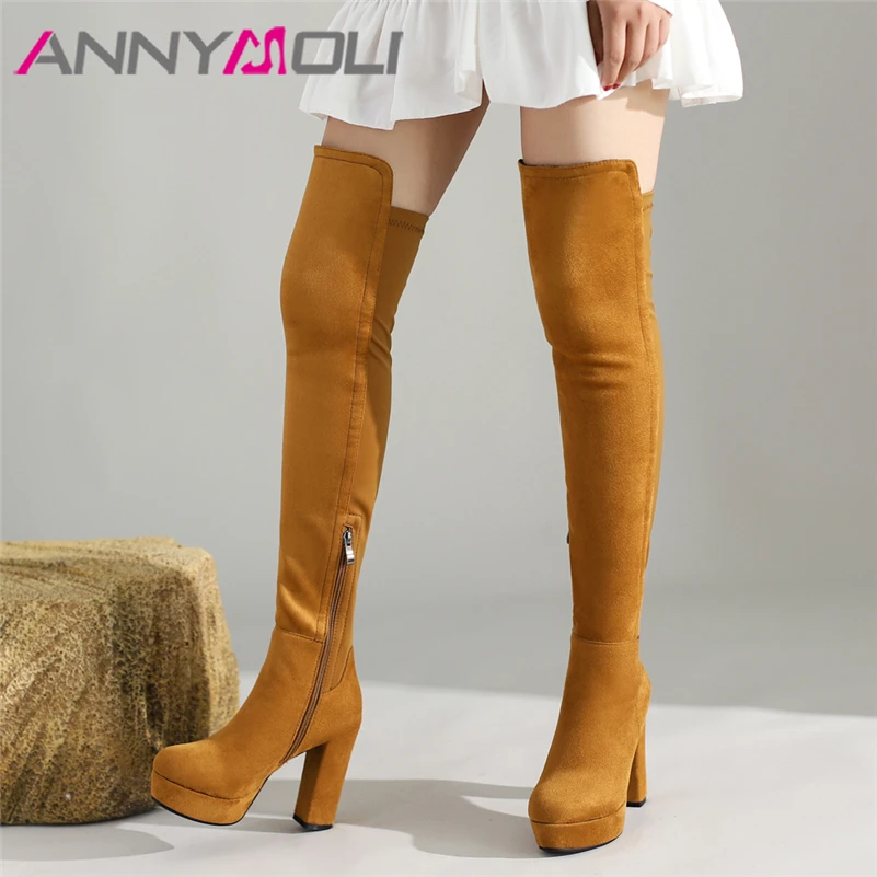 

Женские сапоги на платформе ANNMOLI, Черные Сапоги выше колена на очень высоком массивном каблуке, с круглым носком, на молнии, Осень-зима