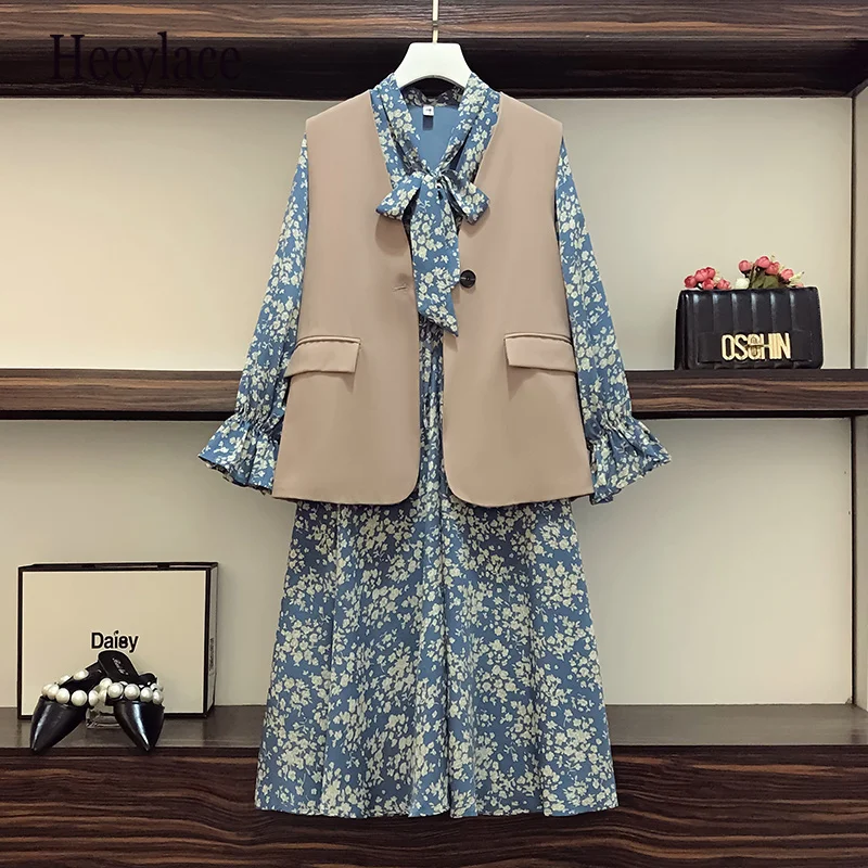 

Office Ladies Elegant Autumn Two Piece Set Korean Long Sleeve Bow Collar Floral Print Dresses And Blazer Vest Suits