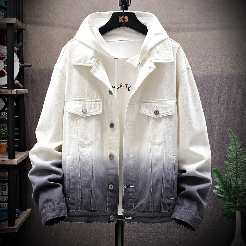 Мужская джинсовая куртка с градиентом отворотом двухцветная Свободная