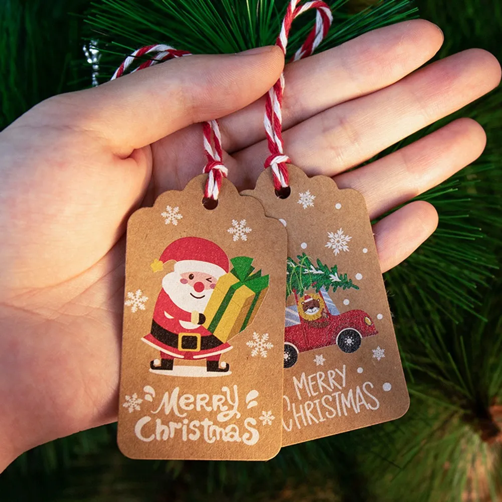 

100Pcs New Christmas Kraft Paper Gift Tags Scallop Label Luggage Blank + Strings DIY Handmade Crafts Set Hang Tag Labels Gift