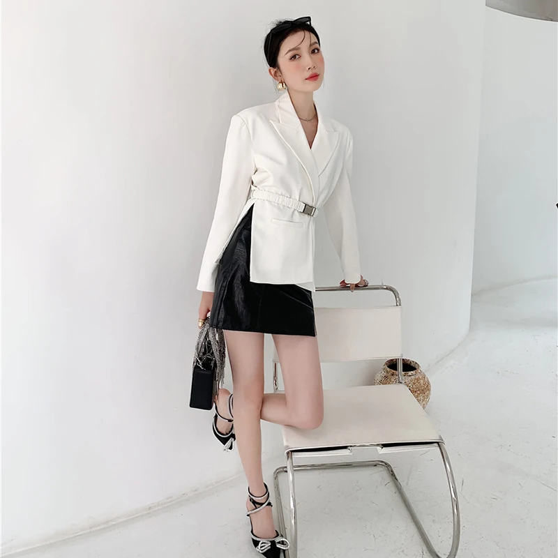 

ECRURANI Korean Blazer For Women Notched Collar Long Sleeve Sashes Casual Solid Temperament Blazers Female Fashion New Clothes