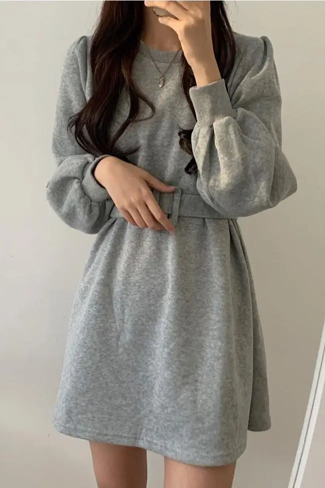 

Basic Easy Match Dress 2021 Spring and Autumn plus velvet padded solid color round neck sweater dress belt