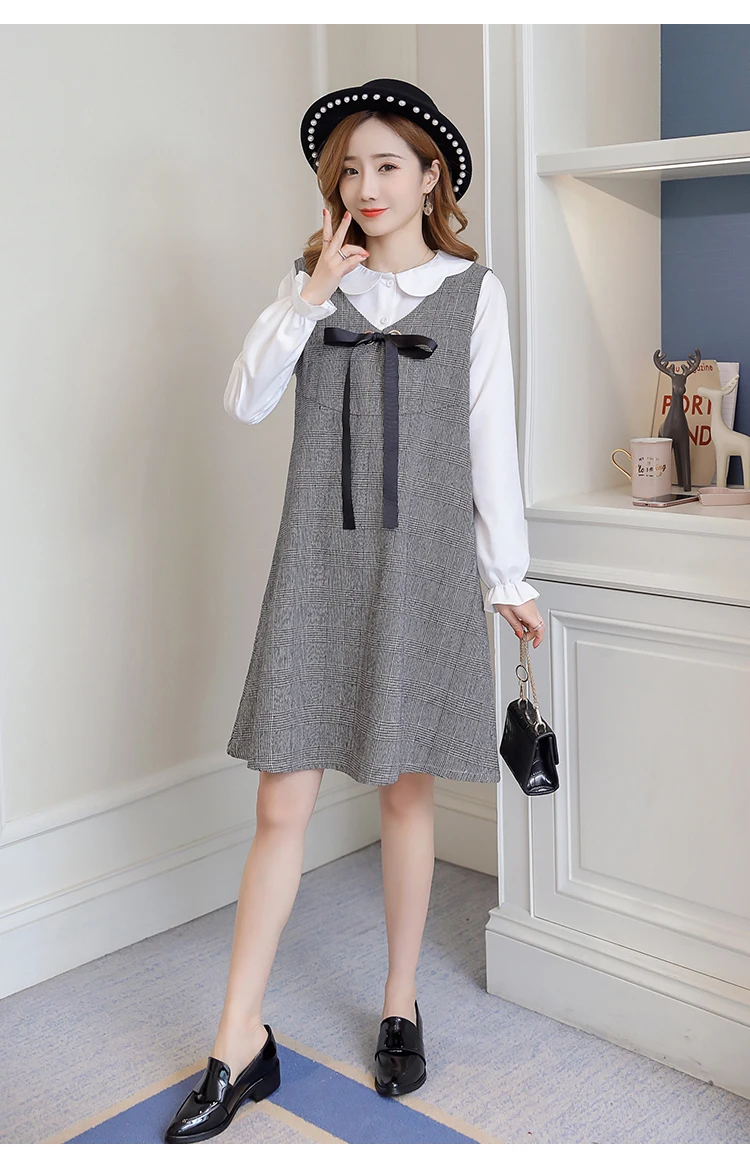 6596# 2PCS/Set Autumn Korean Fashion Maternity Dress Sweet Lovely Straight Loose Clothes for Pregnant Women Fall Pregnancy