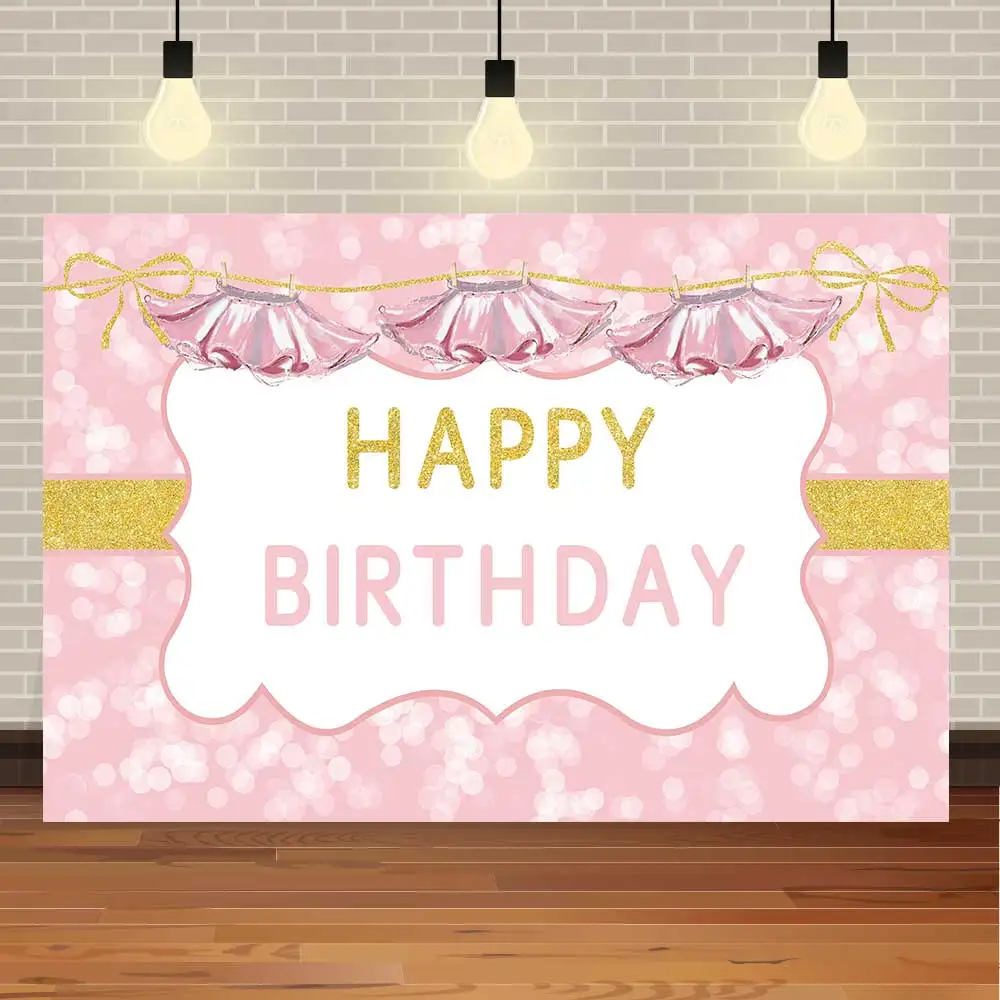 

NeoBack Happy Birthday Baby Shower Ballet Dancer Girl Golden Flower Pink Newborn Party Photo Backdrop Photography Background