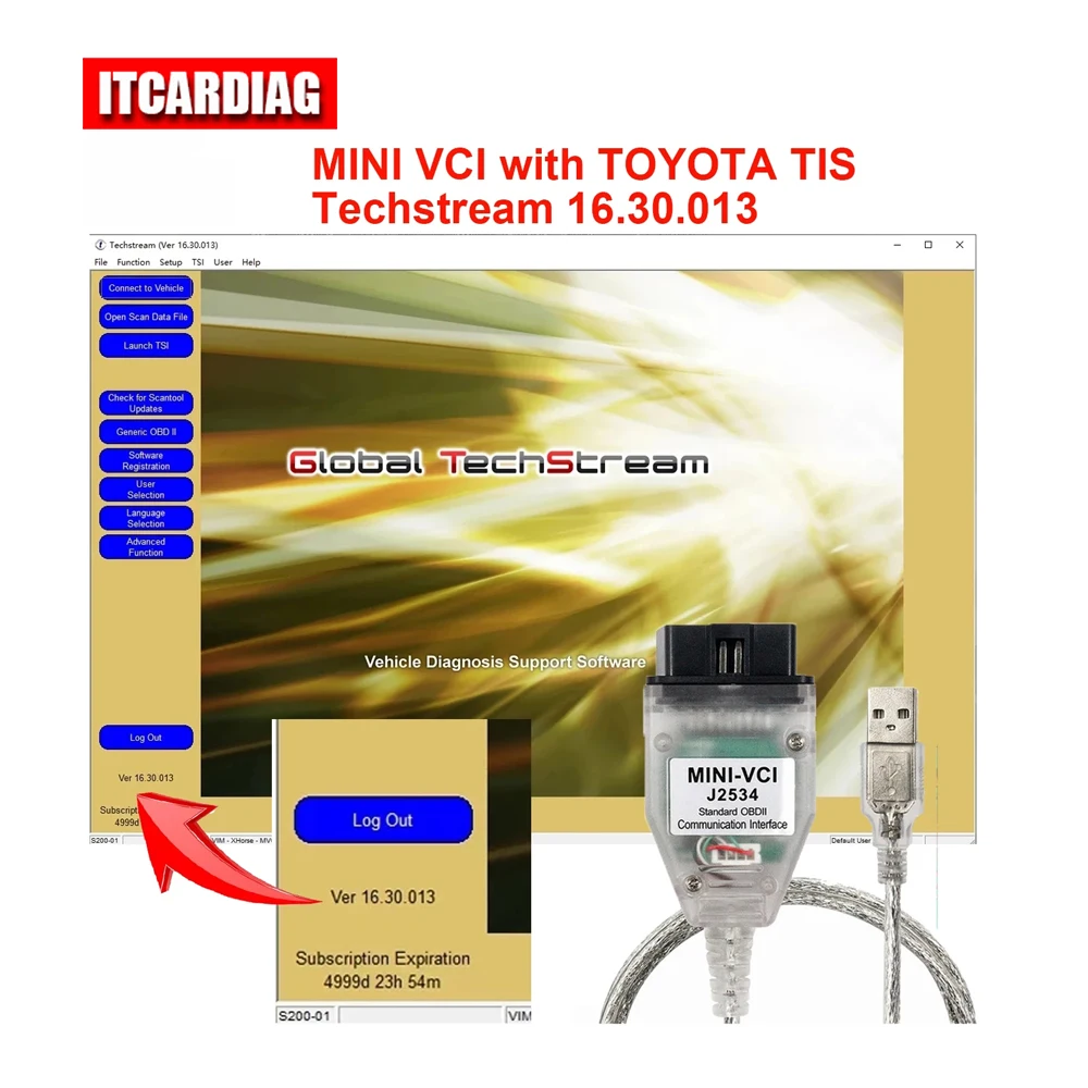 MINI VCI MINIVCI J2534 Tis Techstream программное обеспечение V16.30.013 для Toyota OBD2 Диагностический