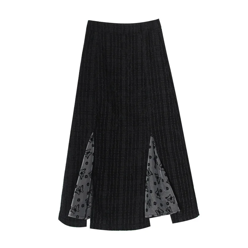 

LANMREM High Waist Half-body Black Lace Stitching Printing Split Folds Skirt Women Fashion Tide New Spring Autumn 2021 2E1363