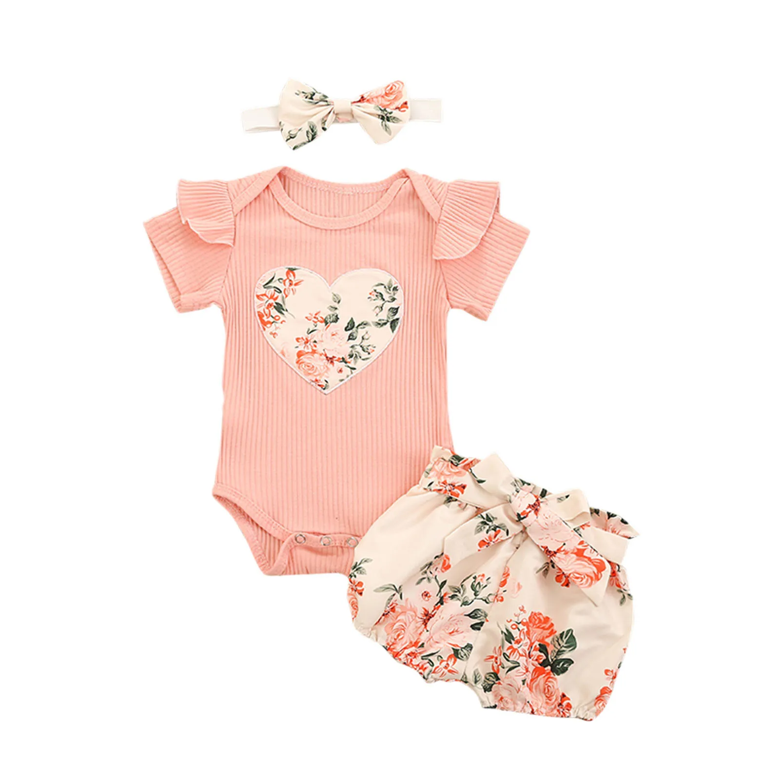 

3PCS Summer Baby Girls Clothing Sets Ruffles Ribbed Bodysuit +Floral Shorts +Headbnad Baby Suit Fashion Girl Clothes 6 12 18 24M