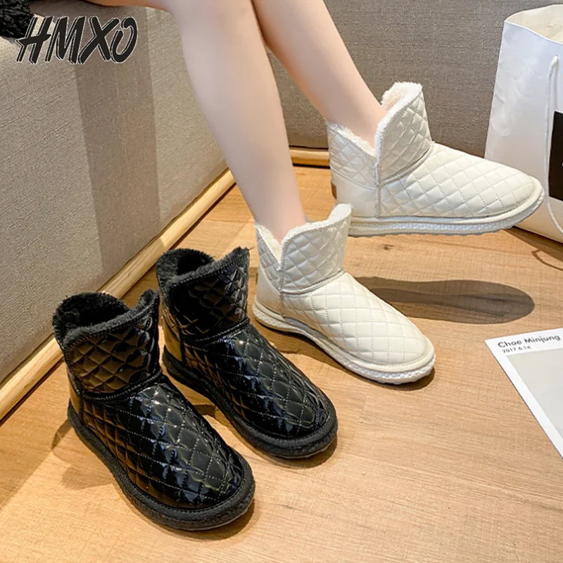 

Белые ботинки HMXO со стразами в клетку для снежной погоды, женские теплые Нескользящие ботинки на меху, на плоской подошве