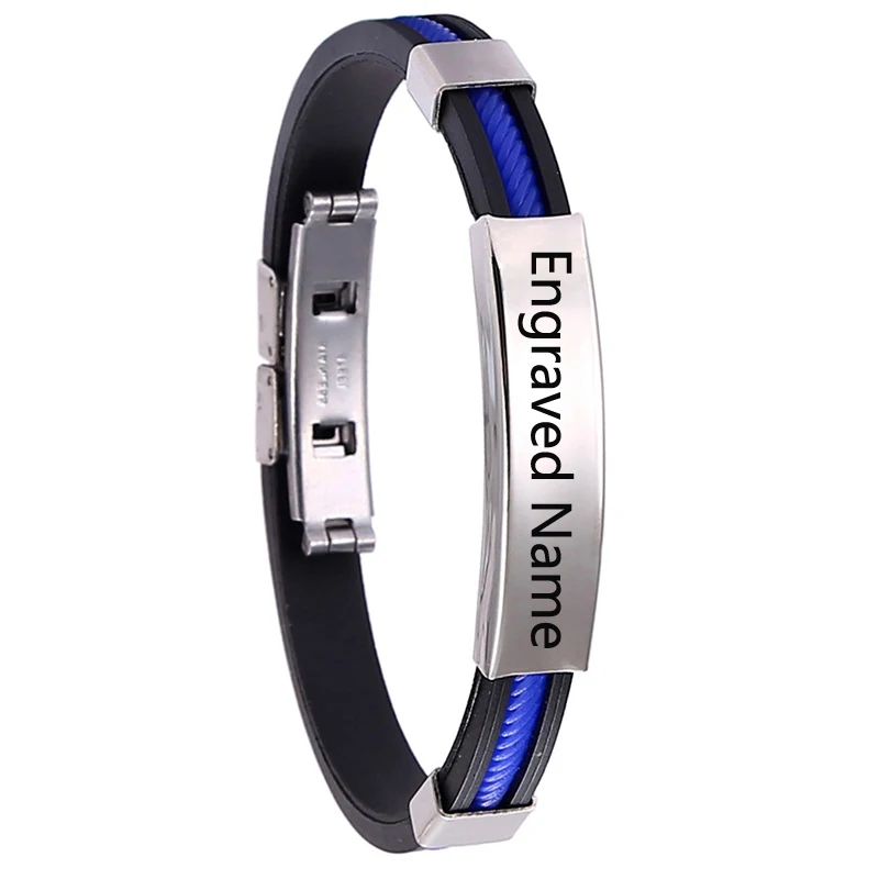 

Adjustable Silicone Engrave Name Leather Bracelet for Men DIY Black Stainless Steel Bracelets Fashion Jewelry Dropshipping