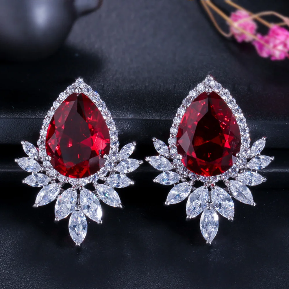 Red ThreeGraces элегантный для женщин CZ Diamante Jewelry прозрачный белый кубический цирконий большой капли воды листьев серьги гвоздики для вечерние ER302 - Окраска металла: Red