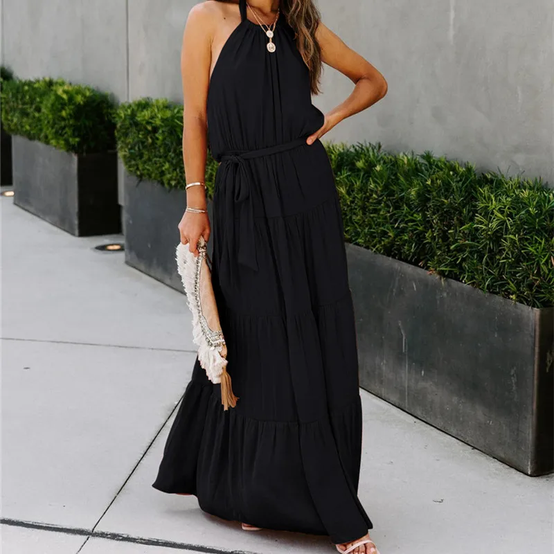 

Summer Casual Women Maxi Dress 2021 New Arrival Backless Halter Sleeveless Ruffles Loose Dress