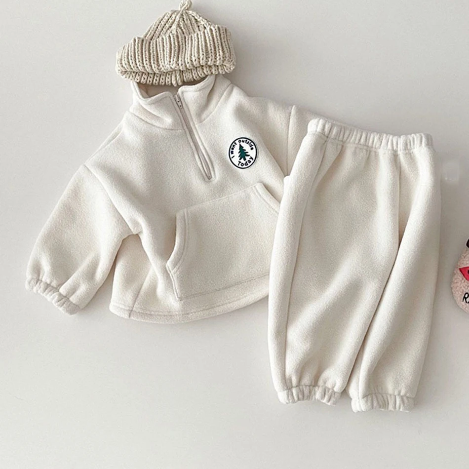 

2Pcs Toddler Baby Boys Girls Autumn Winter Suit Set Fleece Warm Solid Long Sleeve Tops Pants Loungewear 6M-5Y