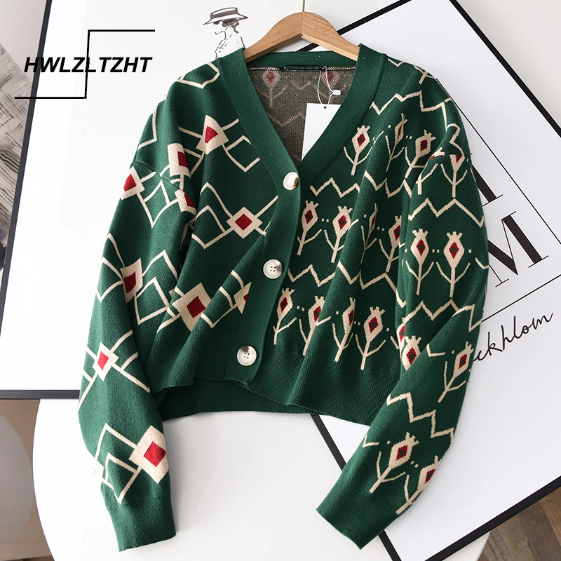 

HWLZLTZHT Women 2021 Fashion Bejewelled Buttons Print Loose Cardigan Sweater Vintage Long Sleeve Female Outerwear