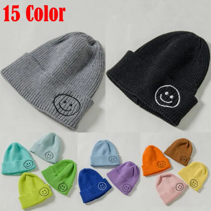 Детская Вязаная Шапка-бини на осень и зиму однотонная шерстяная шапка для