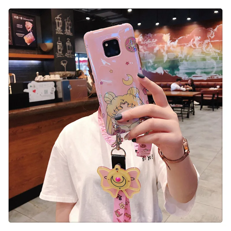 Sam S10 plus чехол с принтом "Сейлор Мун", розовый милый мягкий задний Чехол для телефона samsung Galaxy S9 S8 S7 edge note 8 note9 зеркальный чехол+ ремешок