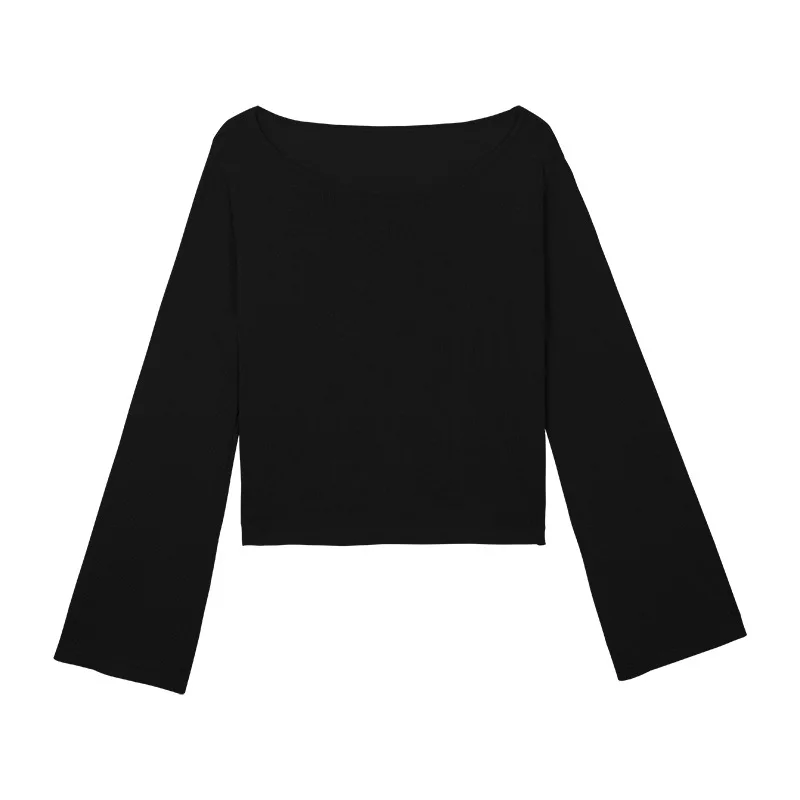 Slash Neck Crop Knitted Tops Women Bell Sleeve Autumn Sweater Pullover Boat Loose Fall | Женская одежда