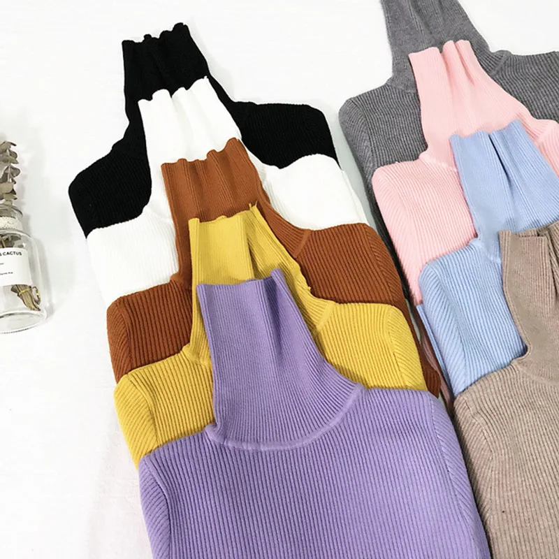 Женский свитер с высоким воротником плотный однотонный вязаный облегающий