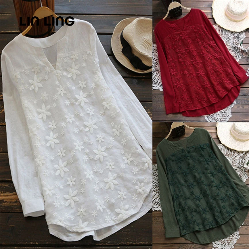Летняя повседневная женская рубашка с вышивкой размера плюс v образным вырезом