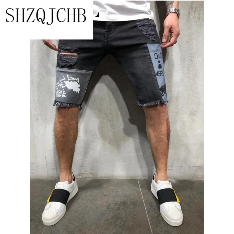 

JCHB Summer Men's Ripped Stretch Hip Hop Short Jeans Male Fashion Casual Slim Fit Elastic Patchwork Broken Hole Denim Shorts