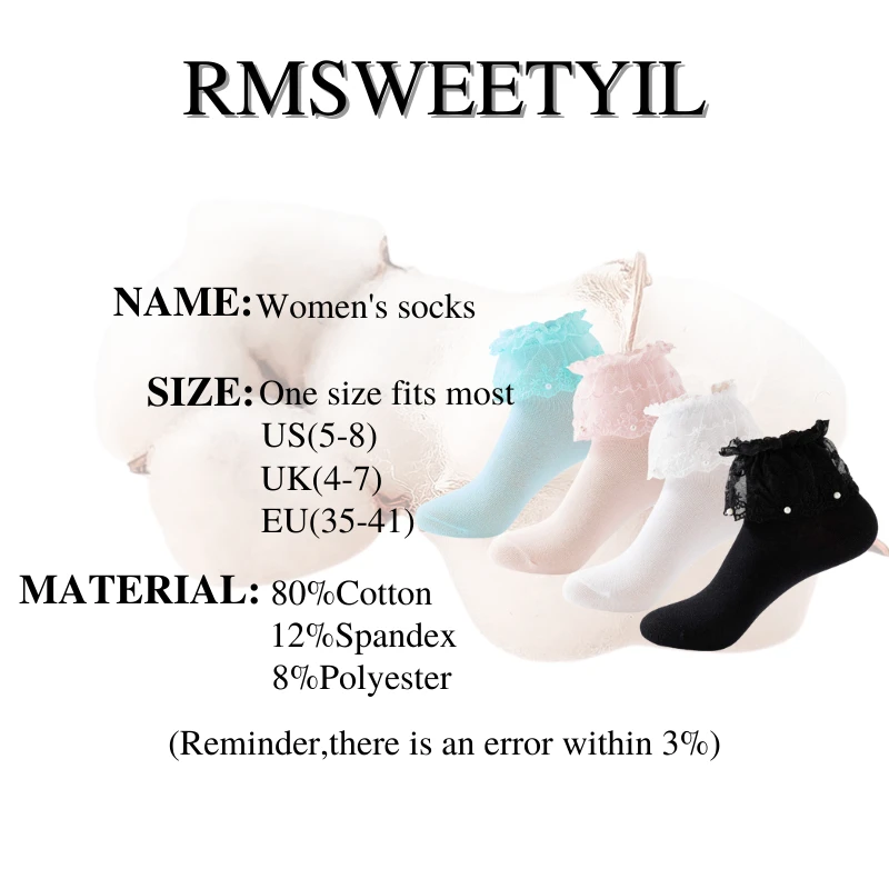 

RMSWEETYIL Cute Lace Ruffle Frilly Socks for Women Sexy Black White Kawaii Girls Lolita Cosplay Accessories Cotton Ankle Sock