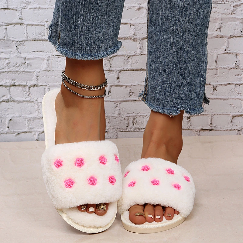 

New Plush Slippers 2021 Fashion Flowers Women Winter Warm Home Shoes Thick Soled Slippers Ladies Indoor Bedroom Soft Slippers