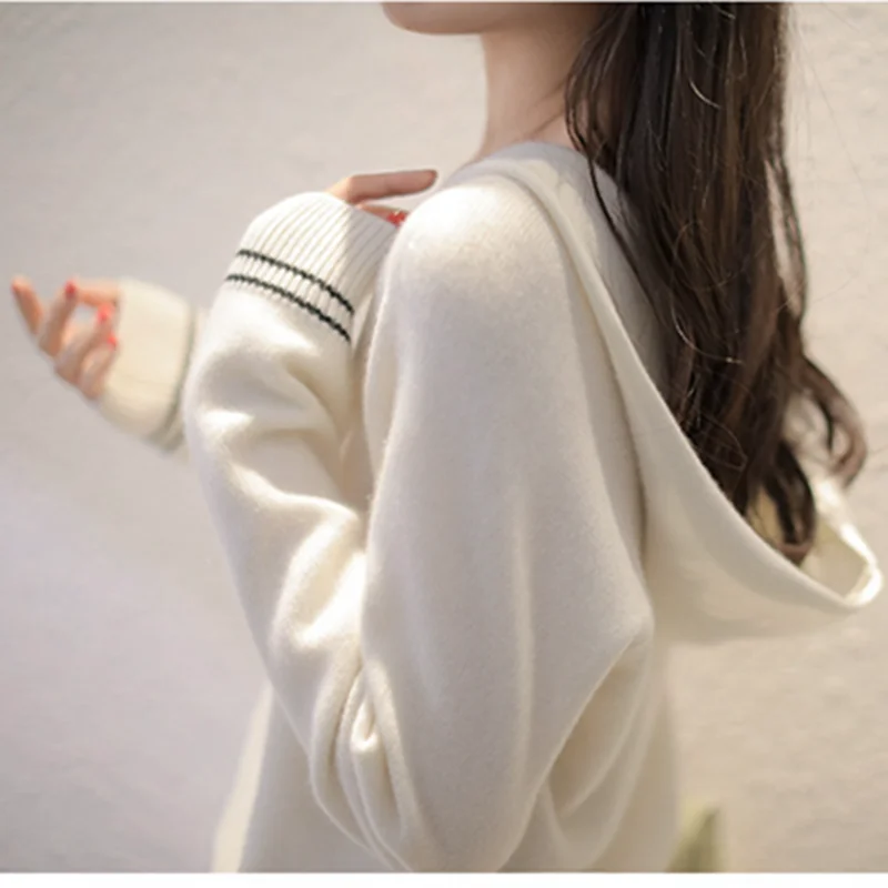 

2020 Spring and Autumn New Style Sweater With Hat Woman Pure Wool Loose Thin V-Neck Coat With Hat Pullover Sweater Large Size