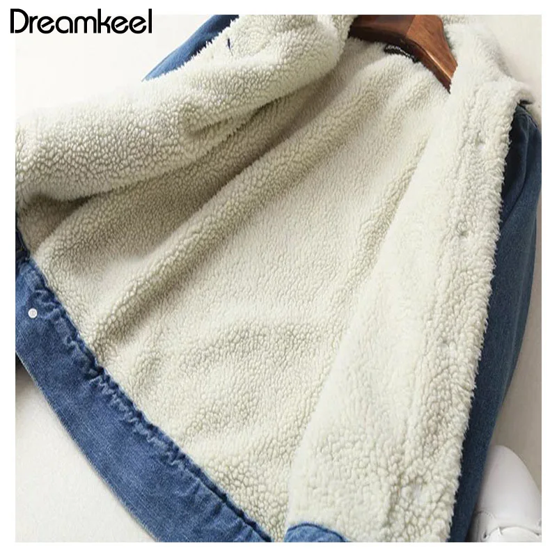 Женское джинсовое пальто из овечьей шерсти теплое с длинными рукавами и 4