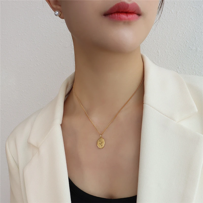 

Hot Sale Rose Flower Pendant For Women Girls Charm Gold Color Stainless Steel Clavicle Necklaces Top Quality Jewelry Men Gift