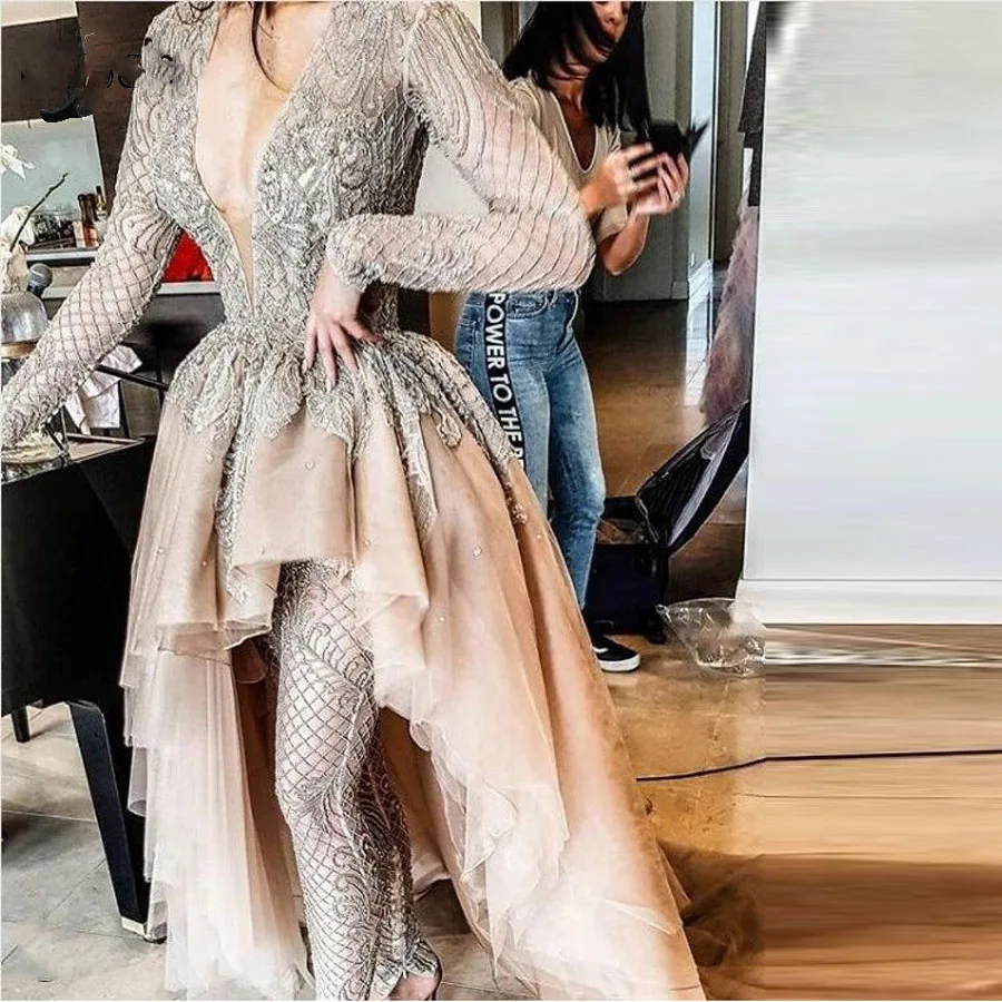 

Jumpsuit Evening Dress Full Sleeves Sexy See Through Pants abiye 2020 Asymmetrical Evening Party Dresses Vestido De Festa Longo
