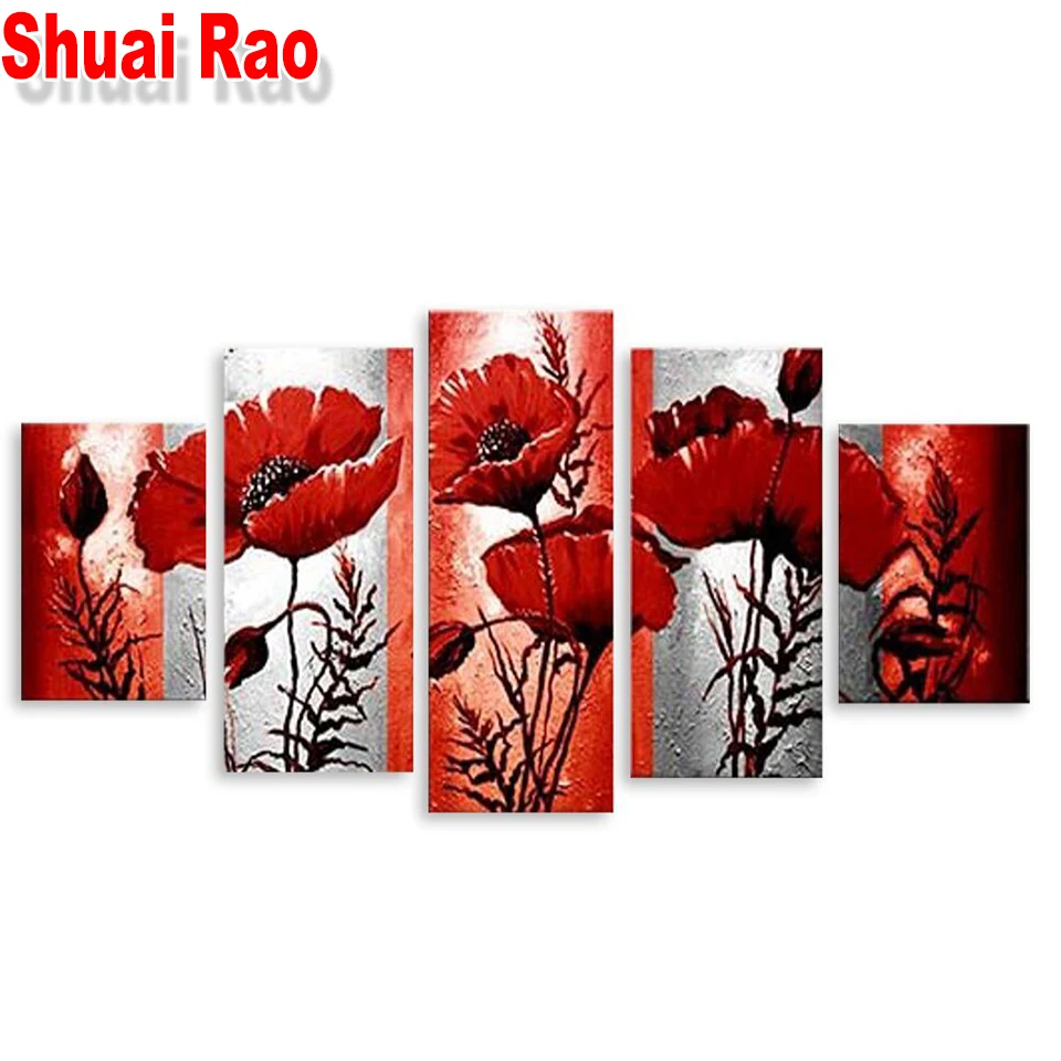 

Diamond embroidery 5 Piece/Set Red Flower Crystal Diamond Multi-Panel diamond painting Cross Stitch Full Square Round Drill,