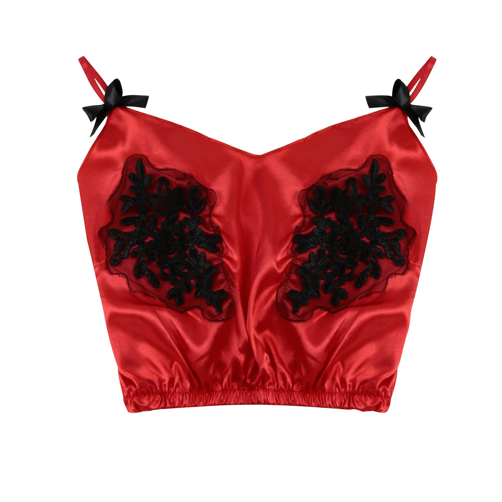 

Women Sleep Tops Soft V-neck Satin Sexy Stain Pajamas Bowknot Tops Pajamas