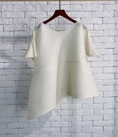 plus size t shirts for women 45 75kg 2021 new round neck short sleeved solid color elastic miyake pleated irregular tops female