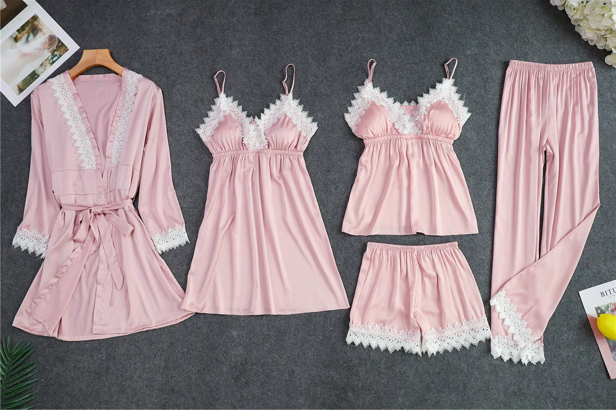 Костюм женский из 5 предметов пижамный комплект с топом на бретельках и брюками