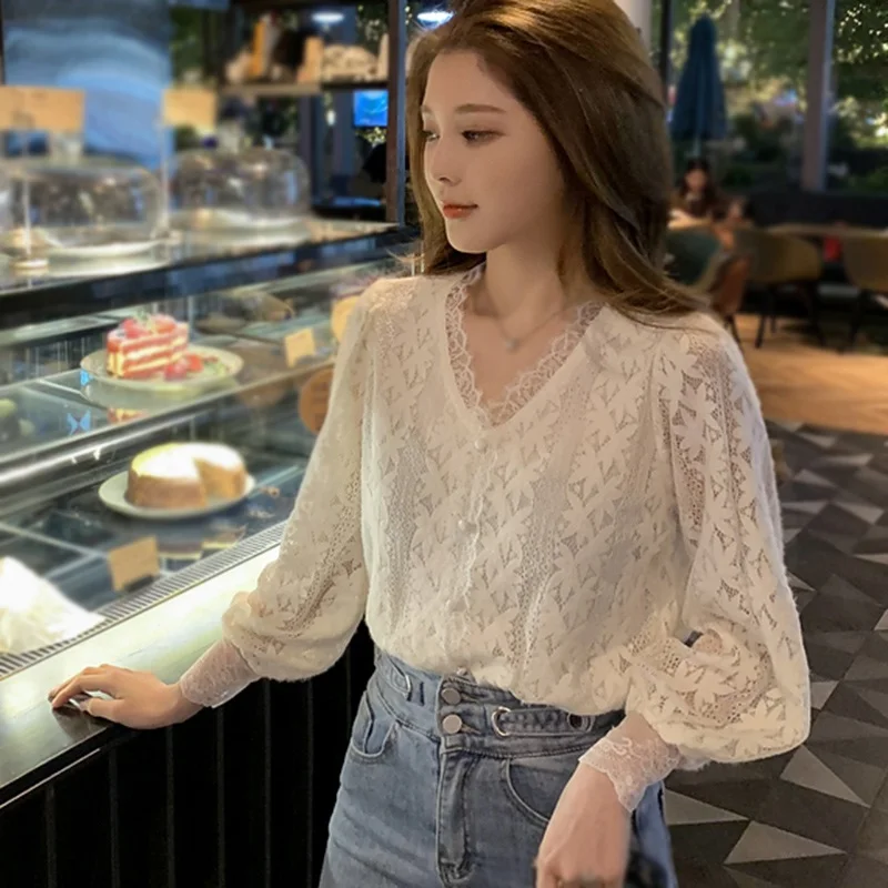 Женское милое кружевное шифоновая блузка в Корейском стиле Модная рубашка с