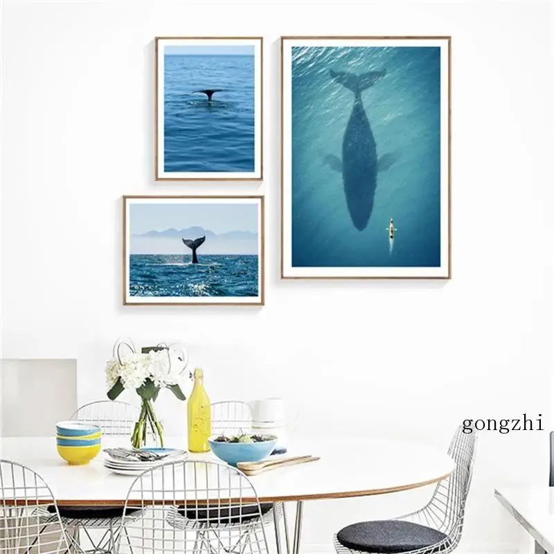 

Blue Ocean Whale Animal Nordic Poster Seascape Canvas Painting and Prints Minimalist Wall Art Pictures Living Room Home Decor