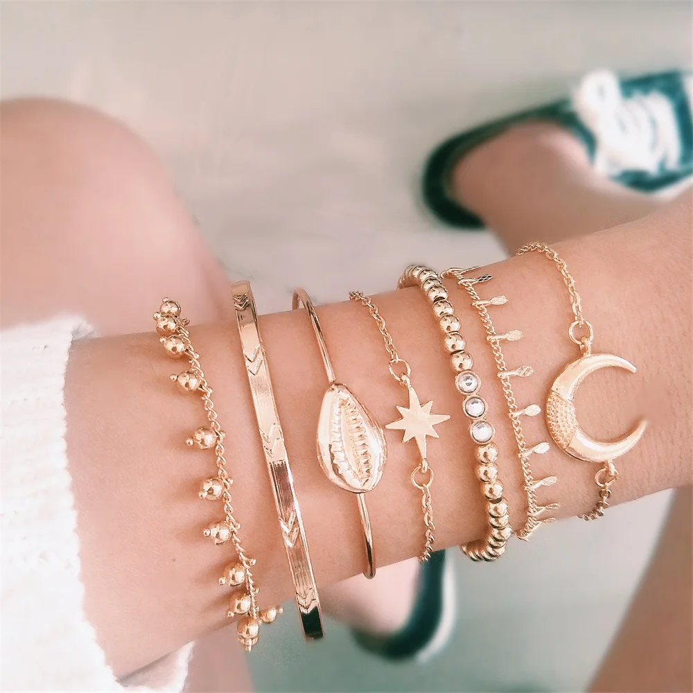 7 шт./компл. женские браслеты в стиле бохо ретро с ракушками луной звездами
