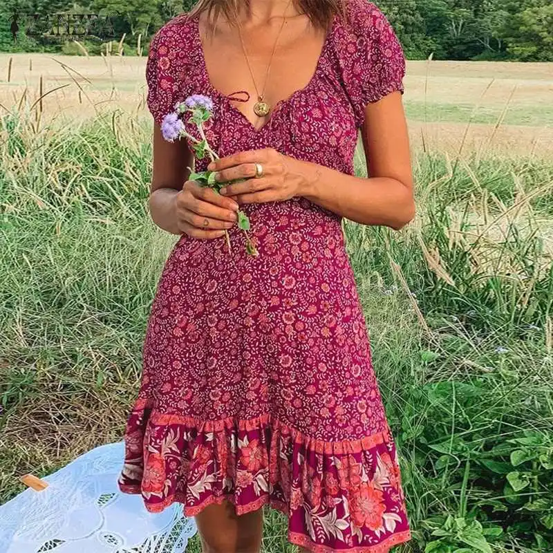

ZANZEA Elegant Ruffle Mini Dresses Female Summer Sexy V Neck Robe Casual Beach Holiday Vestido Women Bohemian Floral Print Dress