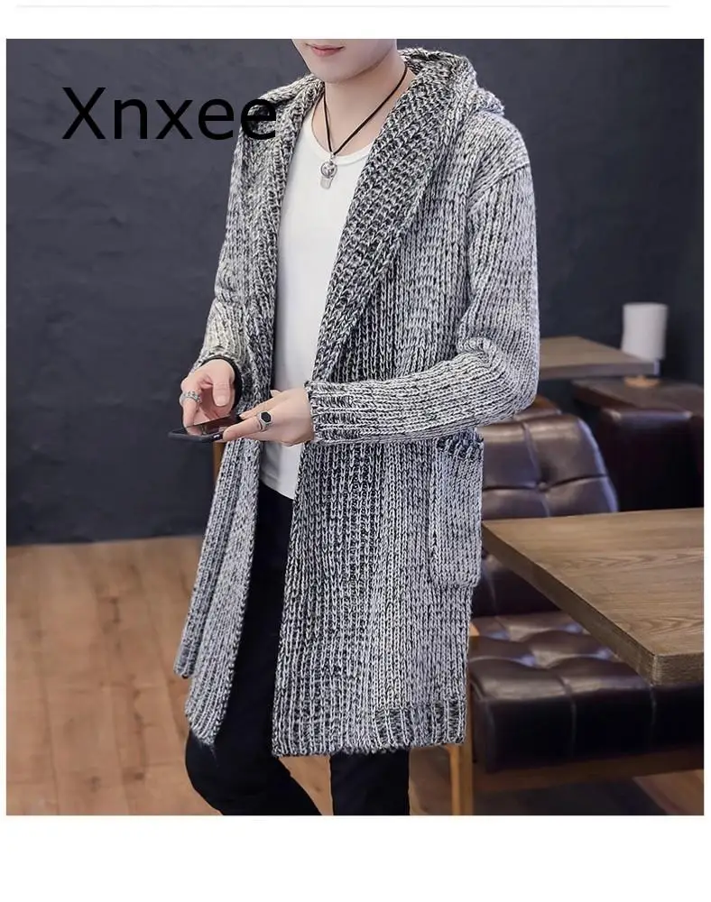 Осенне-зимний новый мужской длинный свитер Однотонный с капюшоном и длинным