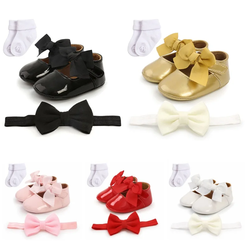 

3pcs/set Autumn Baby Girl Crib Shoes Baby Girl Bowknot Toddler Shoes + 1 Headband + 1 Socks For Infant 0-18M Walking Shoes Hot