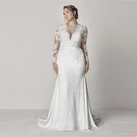fashionable v neck lace appliques mermaid wedding dresses slim plus size bridal gowns with buttons back bride wedding wear