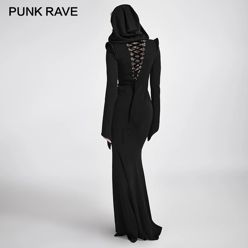 Женское длинное платье в готическом стиле с капюшоном панк эластичным
